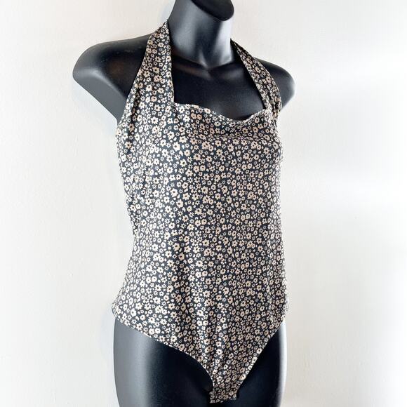 Free People Talk Back Square Neck Floral Halter Bodysuit Tank Top Black Medium - Picture 8 of 8